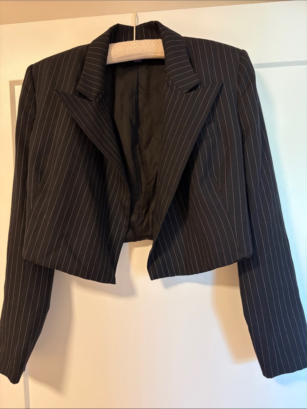 Ralph Lauren Purple Label Black Pinstripe Cropped Blazer